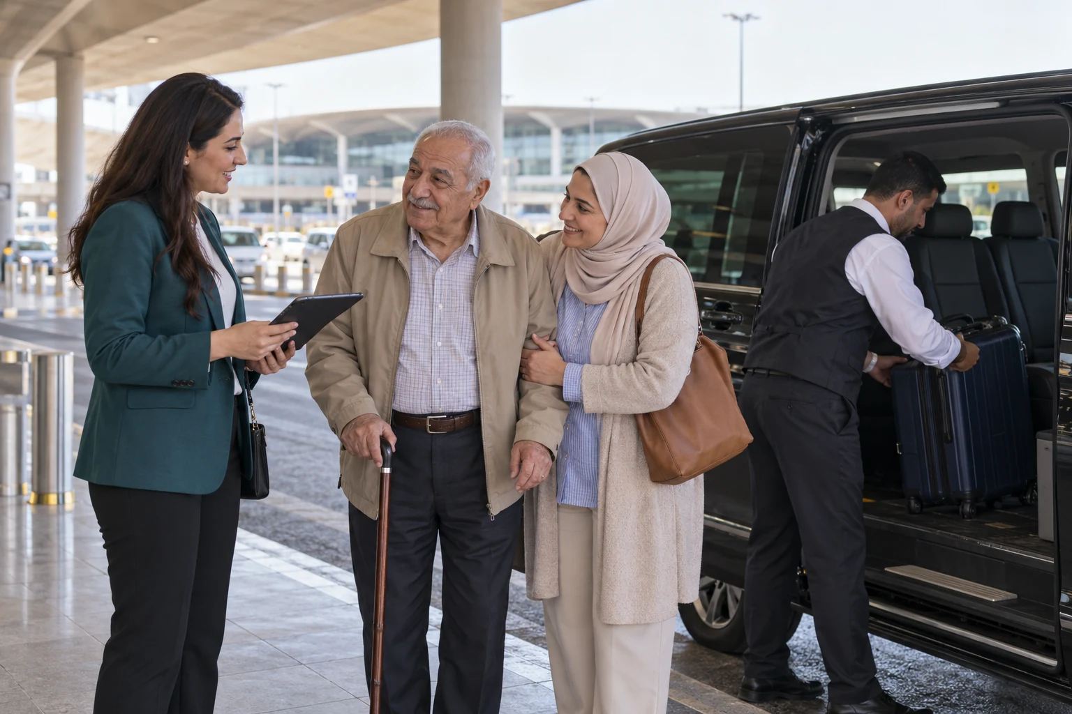 A coordinator welcomes a traveller and companion beside their airport transfer vehicle