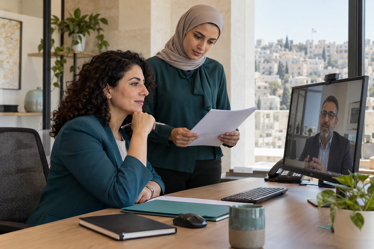 A case management team on a video call with an international partner