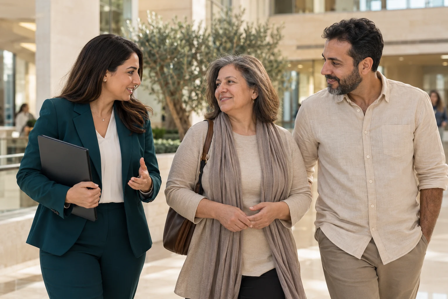 A case manager speaking with a patient and companion in a medical atrium