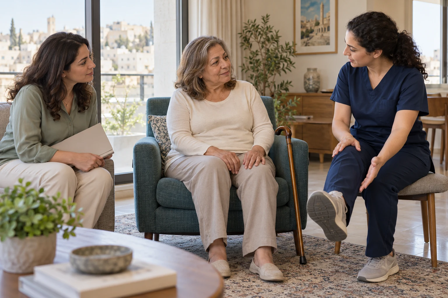 A rehabilitation professional meeting a patient and her daughter in a recovery apartment