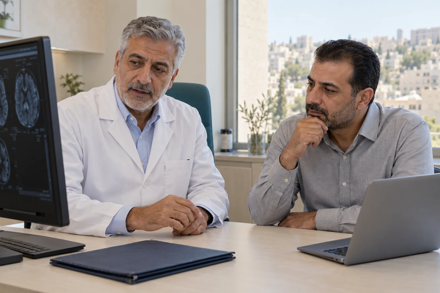 A specialist reviewing medical images with a patient