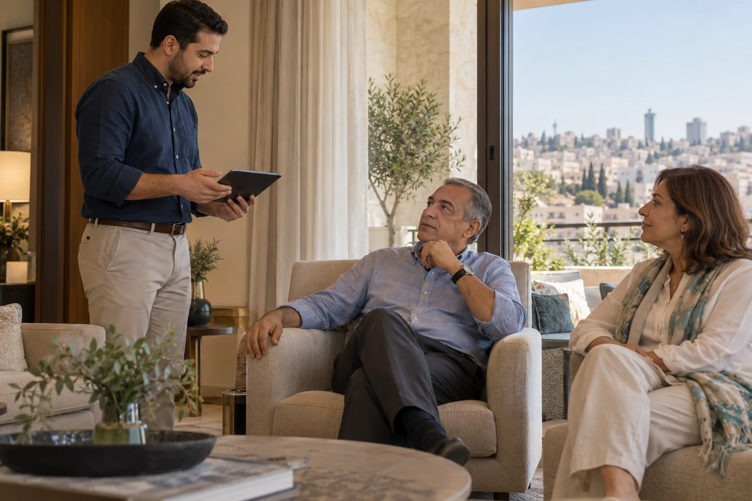 A personal coordinator reviews daily arrangements with a patient and family in a private suite